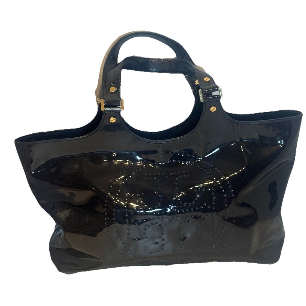 Auth. Tory Burch Bombe Tote Patent Leather Big Perforated Logo Navy Blue